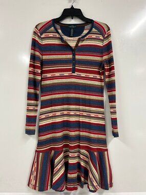 LRL Lauren Jeans Co. Medium Striped Henley Dress Boho Chic Ribbed Casual Summer